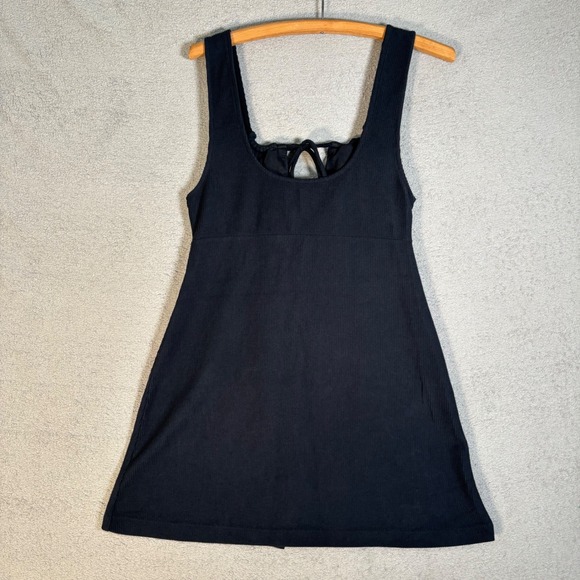 FP Beach Black Ribbed Mini Dress Size L Button Front Cutout Tie Neck Free People - Picture 2 of 12